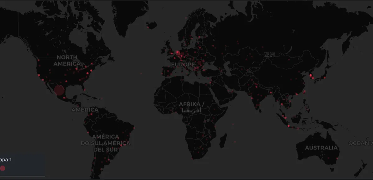 Mapa mundial de Grafana con los orígenes de los ataques SSH capturados.